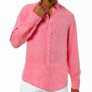 Men's MICHAEL KORS Pink Red 100% Linen Shirt Long Sleeve XL Slim Fit